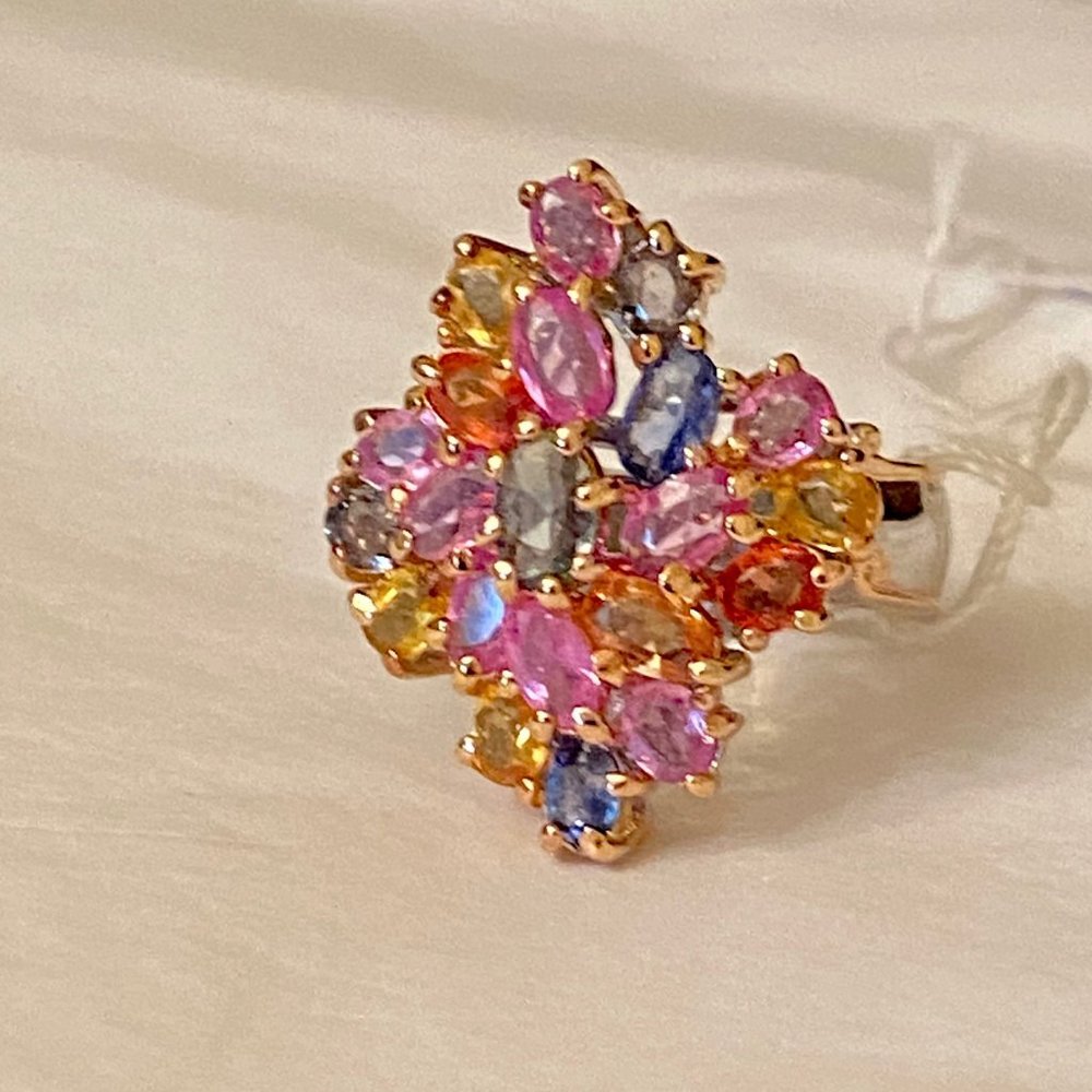 Gems en Vogue 18K Gold & SS, Multi-colored Gemstone Cocktail Ring, Size 7.75